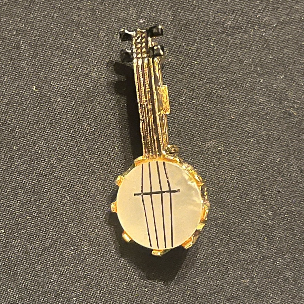Vintage Gold Tone Mother of Pearl Banjo Brooch